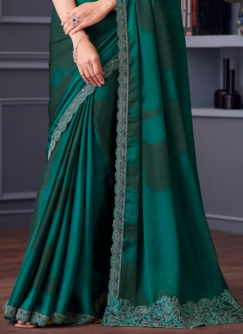 Sophisticated Pine Green Satin Chiffon Embroidered Designer Saree