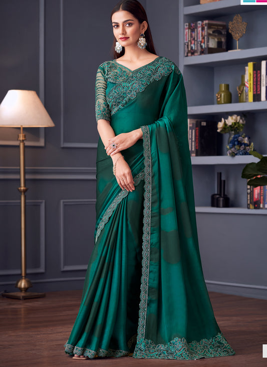 Sophisticated Pine Green Satin Chiffon Embroidered Designer Saree