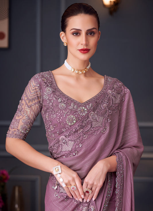 Impeccable Lilac Pink Shimmer Silk Embroidered Designer Saree