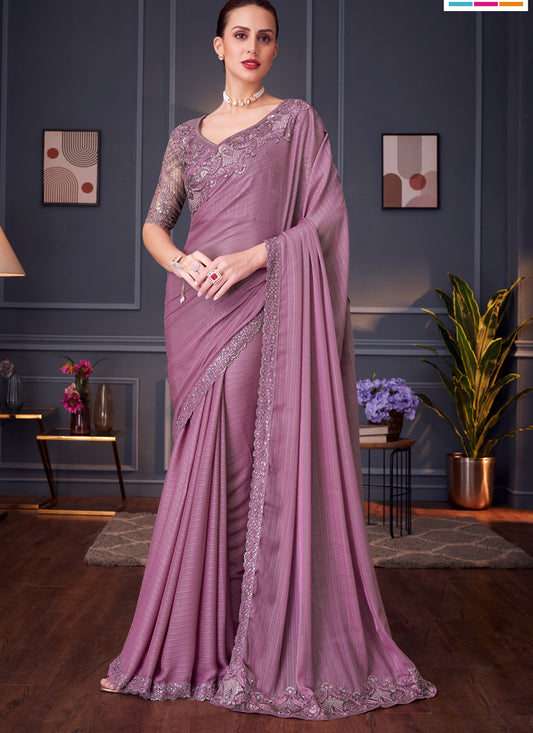 Impeccable Lilac Pink Shimmer Silk Embroidered Designer Saree