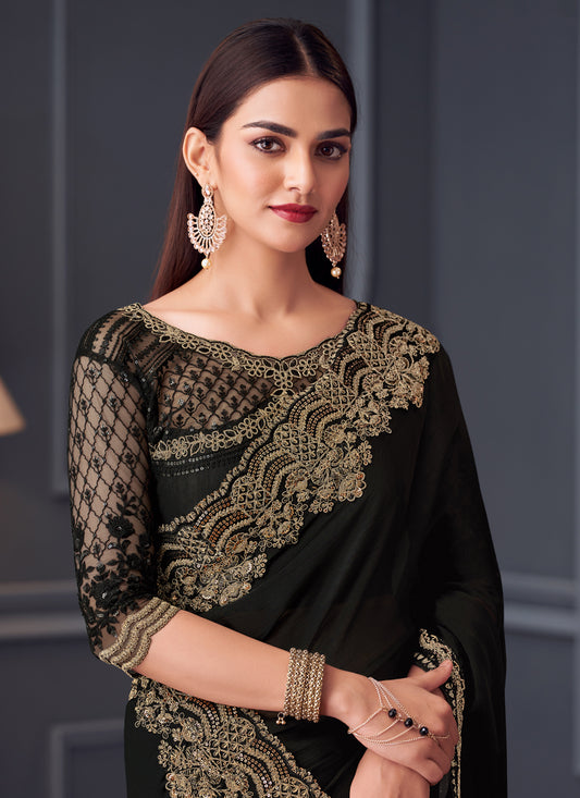 Flawless Black Satin Chiffon Embroidered Designer Saree