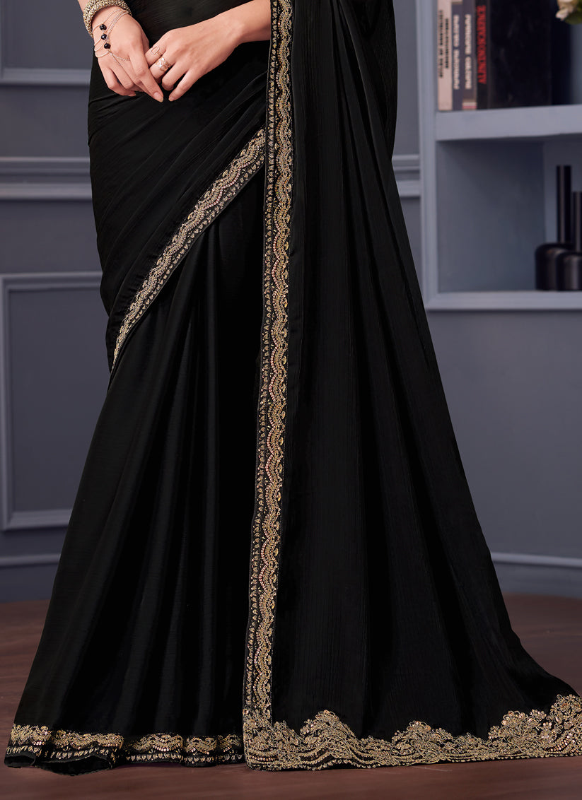 Flawless Black Satin Chiffon Embroidered Designer Saree