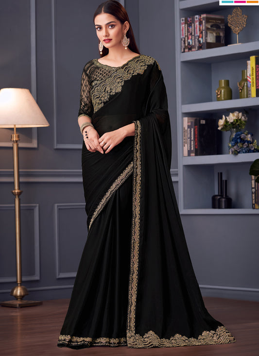 Flawless Black Satin Chiffon Embroidered Designer Saree