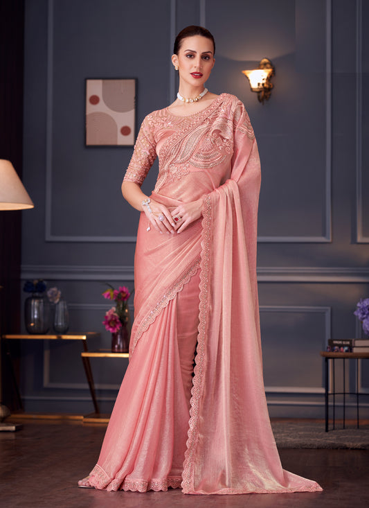 Graceful Coral Pink Chiffon Silk Embroidered Designer Saree