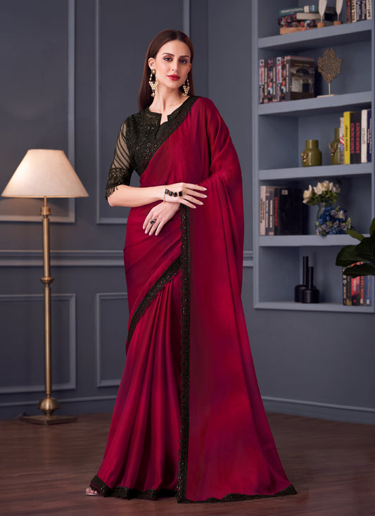 Striking Maroon Satin Chiffon Embroidered Designer Saree