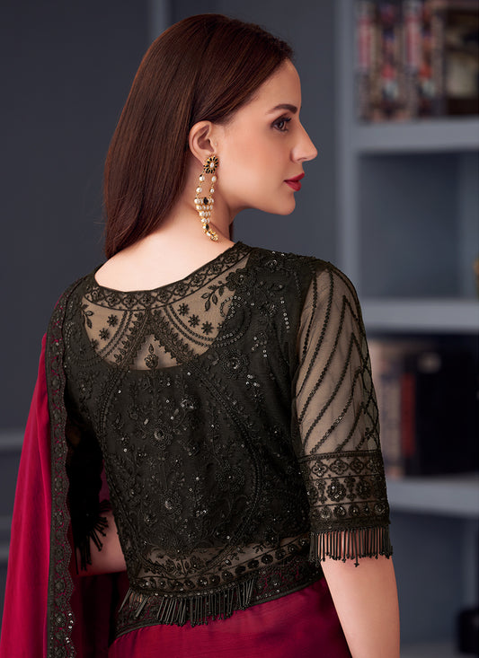 Striking Maroon Satin Chiffon Embroidered Designer Saree