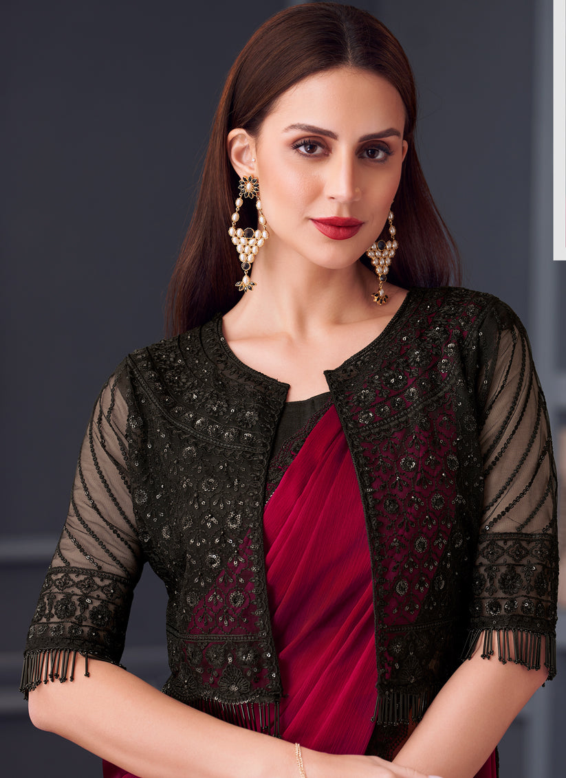 Striking Maroon Satin Chiffon Embroidered Designer Saree