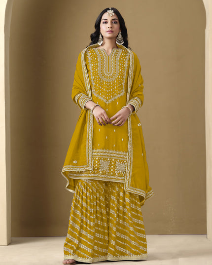 mustard art silk readymade embroidered sarara kameez