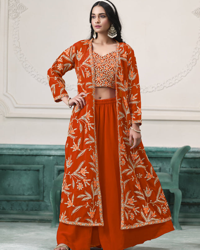 orange faux georgette embroidered readymade indowestern