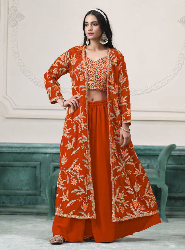orange faux georgette embroidered readymade indowestern