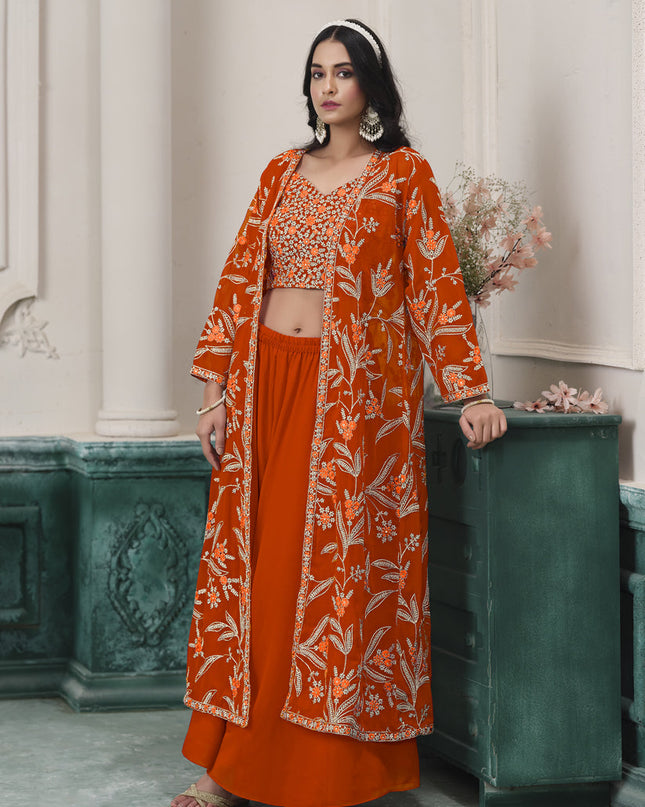 orange faux georgette embroidered readymade indowestern