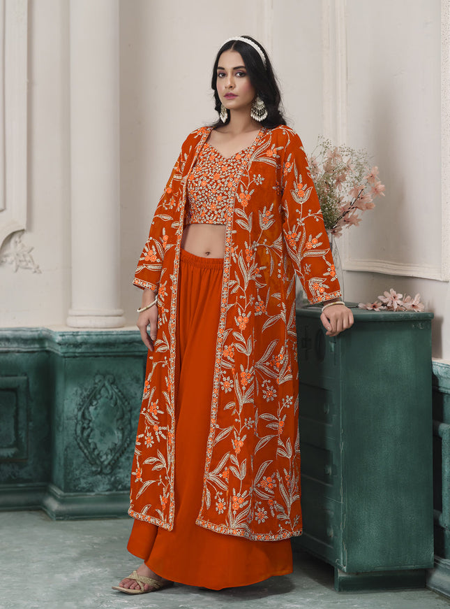 orange faux georgette embroidered readymade indowestern