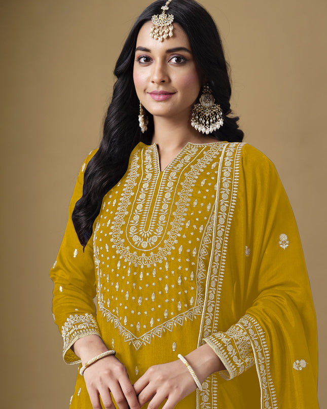 mustard art silk readymade embroidered sarara kameez