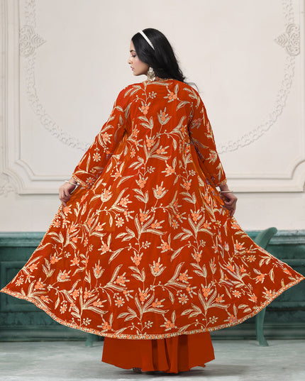 orange faux georgette embroidered readymade indowestern