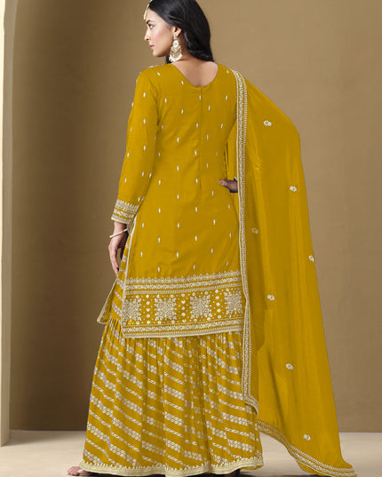 mustard art silk readymade embroidered sarara kameez