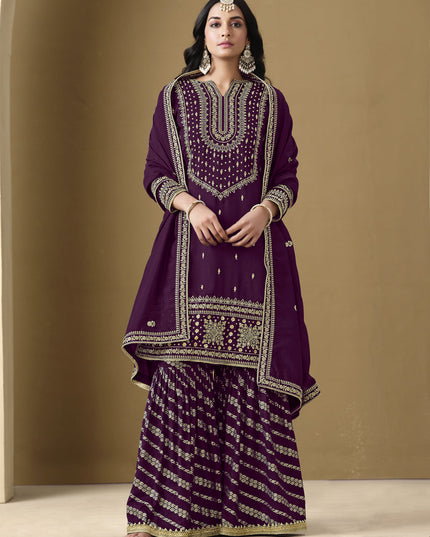 wine art silk readymade embroidered sarara kameez