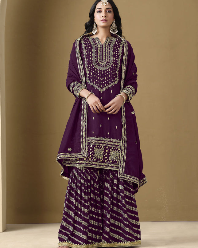 wine art silk readymade embroidered sarara kameez