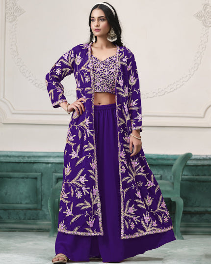 purple faux georgette embroidered readymade indowestern