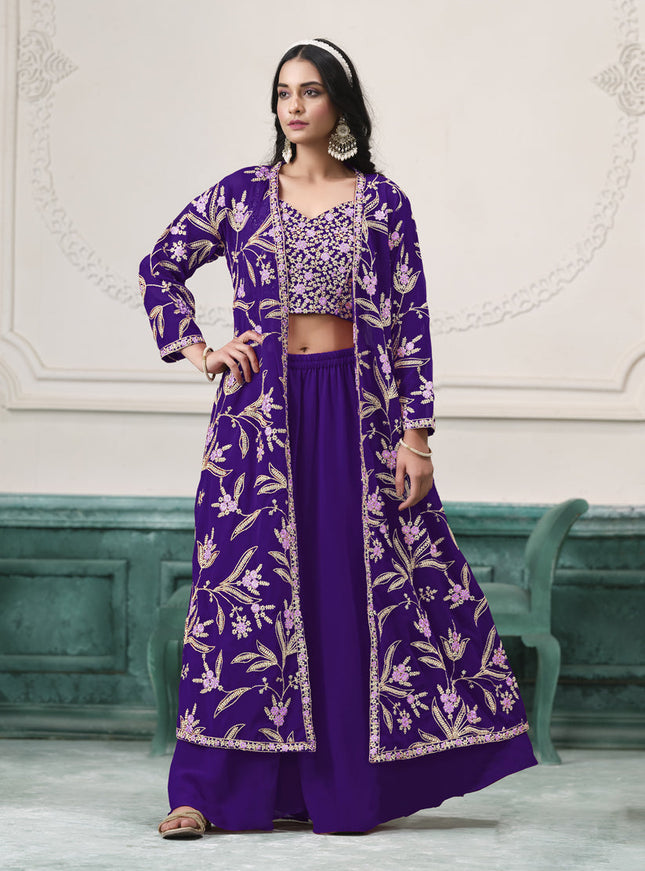 purple faux georgette embroidered readymade indowestern