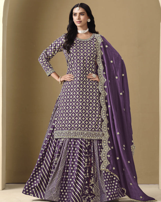 purple art silk embroidered readymade lehenga kameez