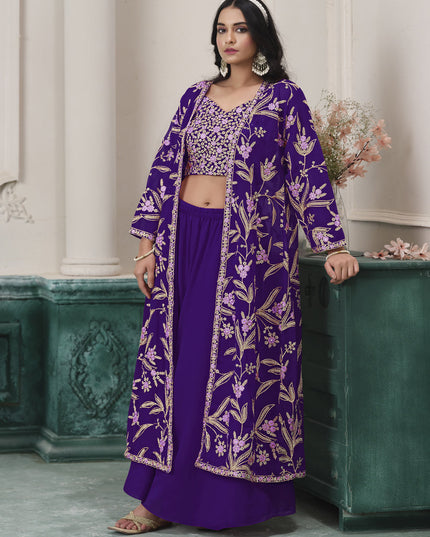purple faux georgette embroidered readymade indowestern