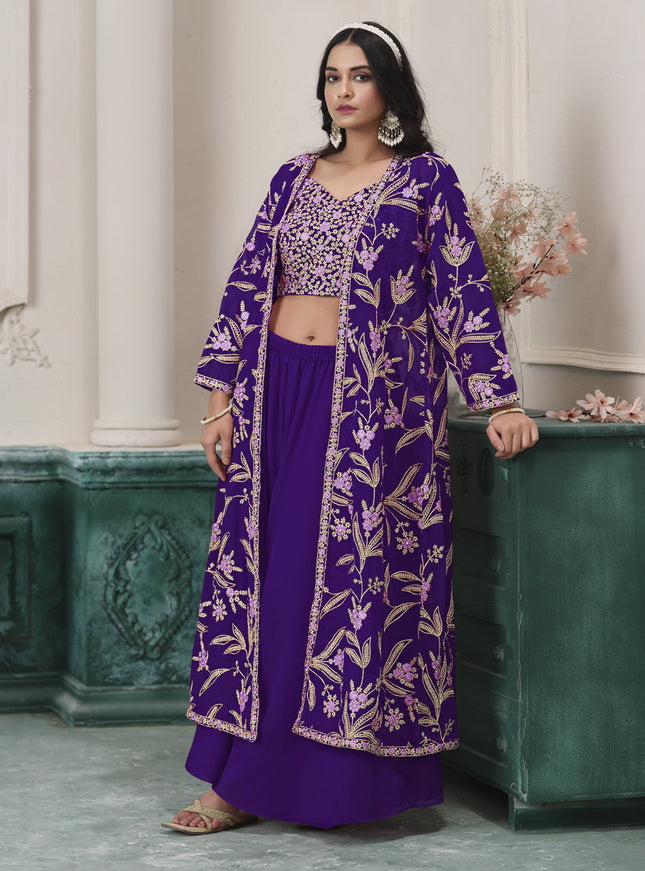 purple faux georgette embroidered readymade indowestern