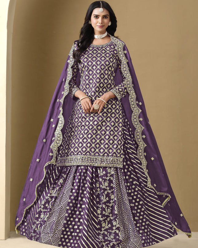 purple art silk embroidered readymade lehenga kameez