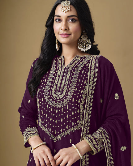 wine art silk readymade embroidered sarara kameez