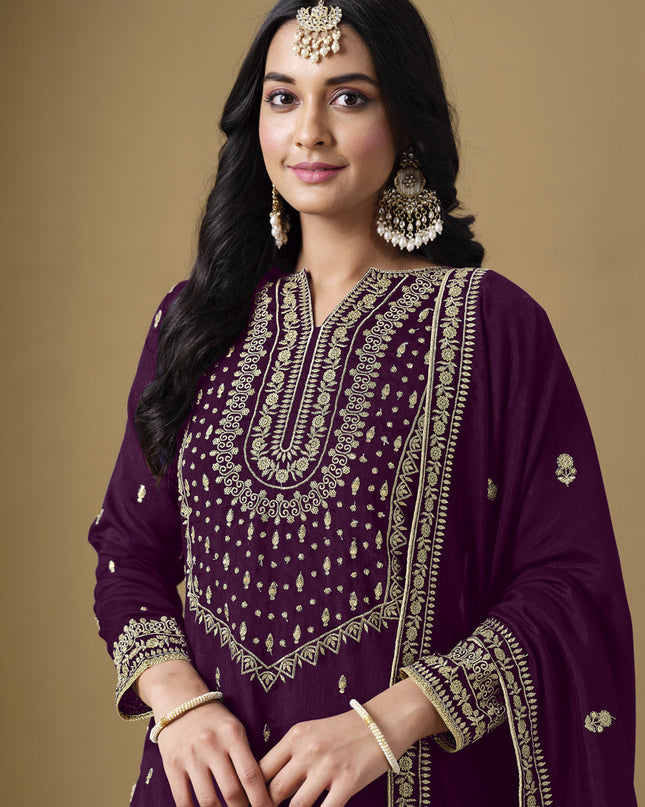 wine art silk readymade embroidered sarara kameez