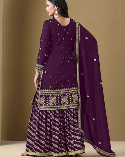 wine art silk readymade embroidered sarara kameez