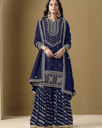 navy blue art silk readymade embroidered sarara kameez