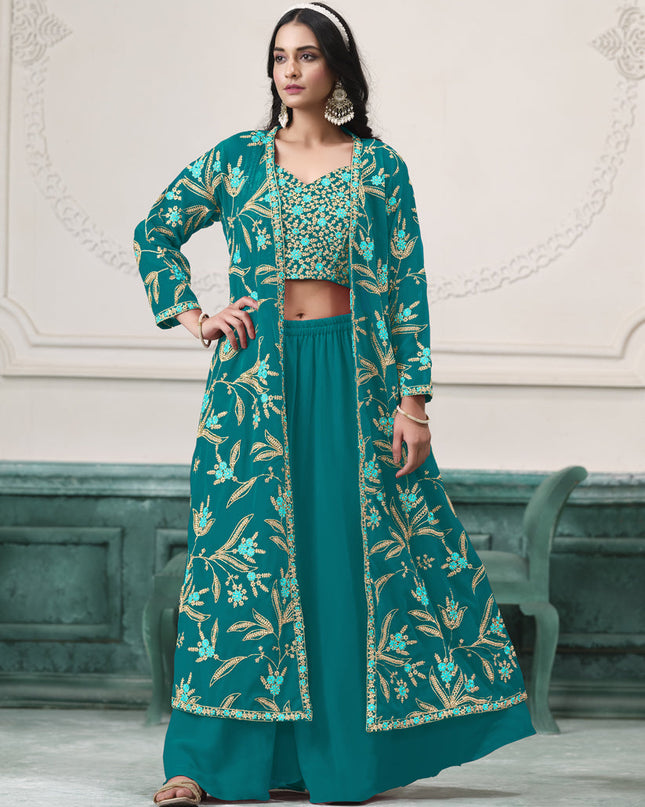 rama green faux georgette embroidered readymade indowestern