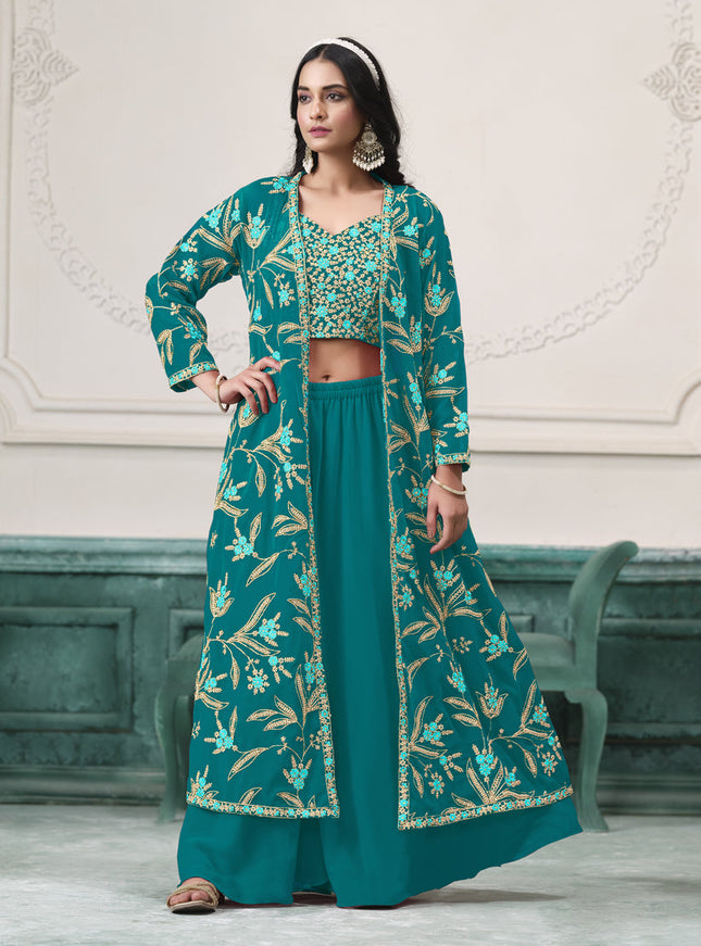 rama green faux georgette embroidered readymade indowestern