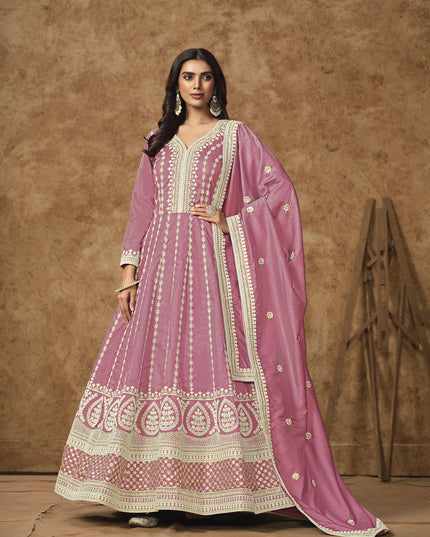 carnation pink dola silk embroidered gown with dupatta
