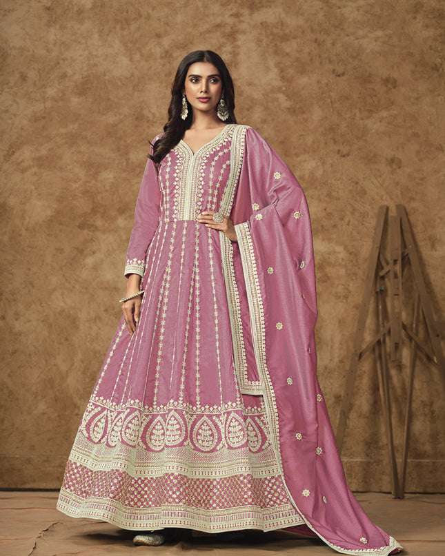 carnation pink dola silk embroidered gown with dupatta