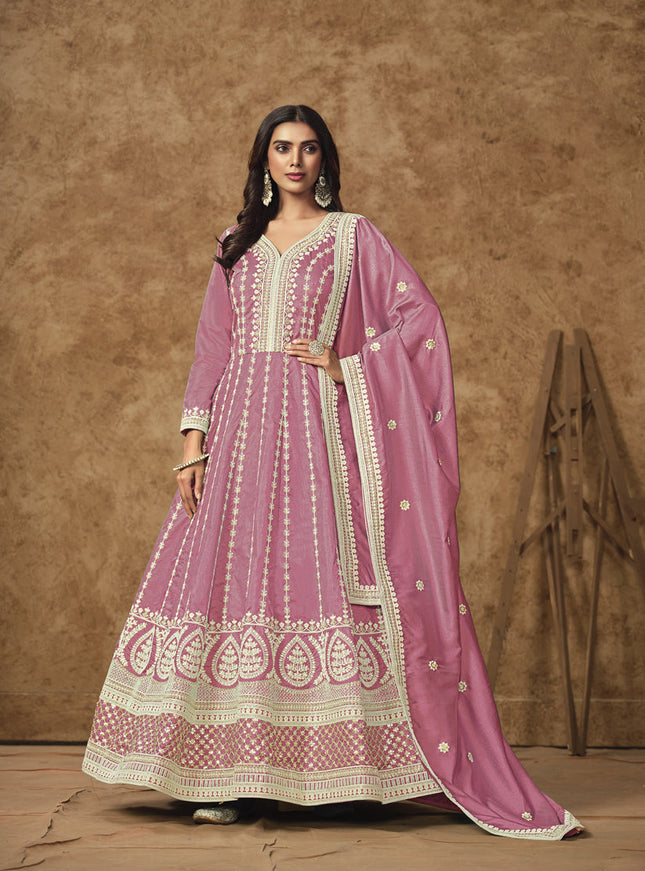 carnation pink dola silk embroidered gown with dupatta