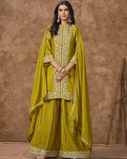 chartreuse green chinnon silk embroidered palazzo kameez