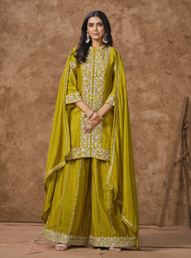 chartreuse green chinnon silk embroidered palazzo kameez