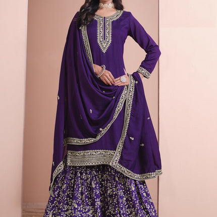violet art silk embroidered palazzo kameez