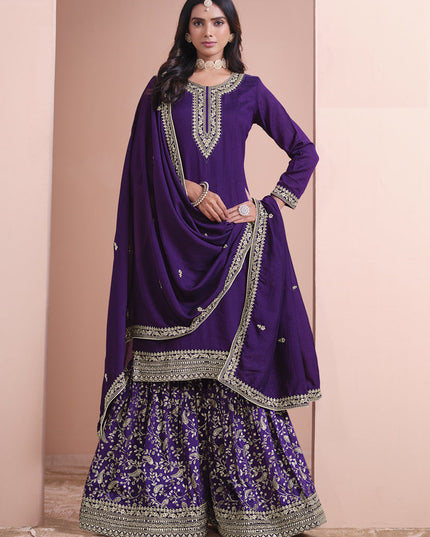 violet art silk embroidered palazzo kameez