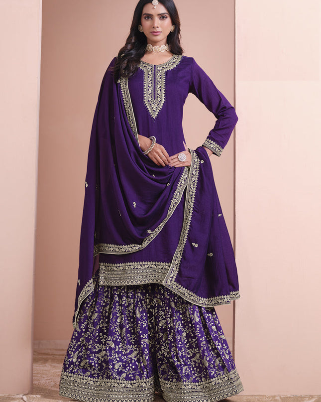 violet art silk embroidered palazzo kameez