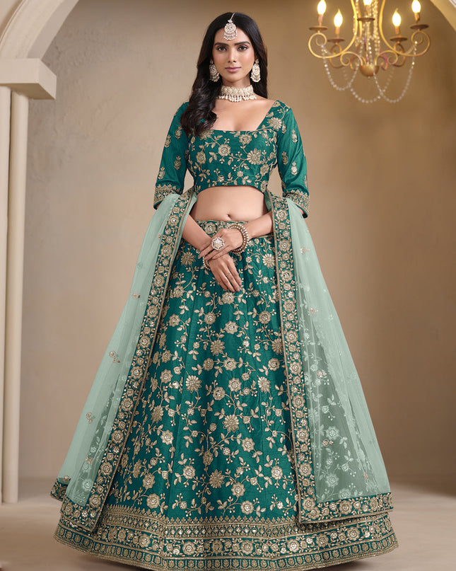 rama green art silk embroidered lehenga choli