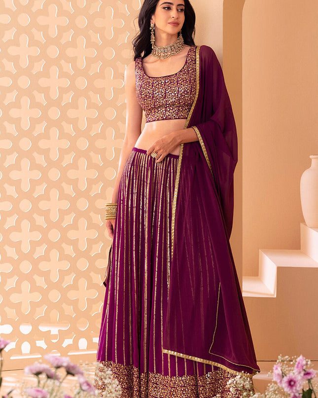 wine embroidered georgette lehenga choli set
