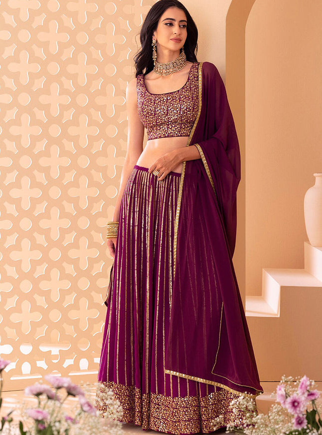 wine embroidered georgette lehenga choli set