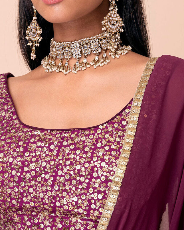 wine embroidered georgette lehenga choli set