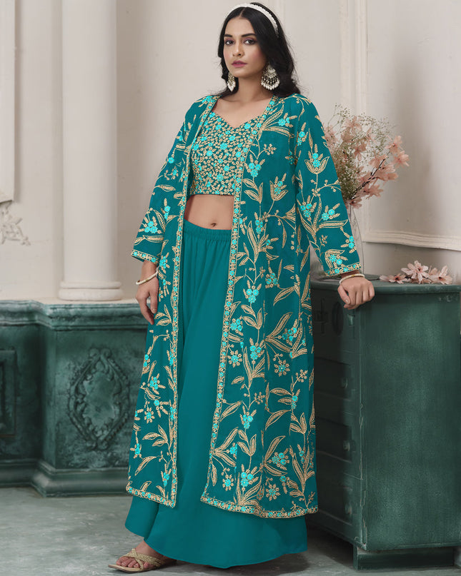 rama green faux georgette embroidered readymade indowestern