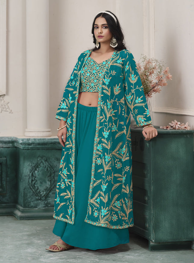 rama green faux georgette embroidered readymade indowestern
