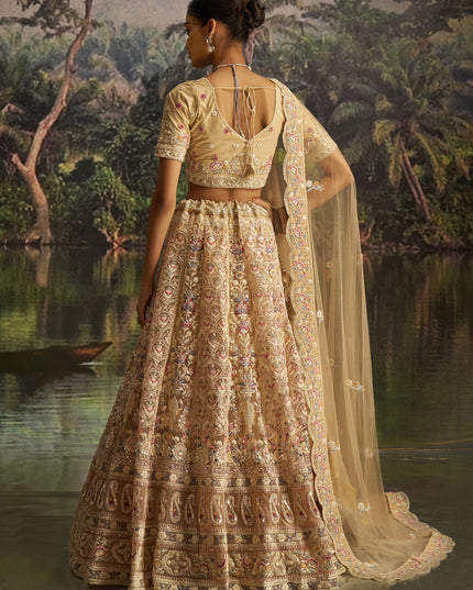 Attractive Cream Soft Embroidered Net Designer Wedding Lehenga Choli Set