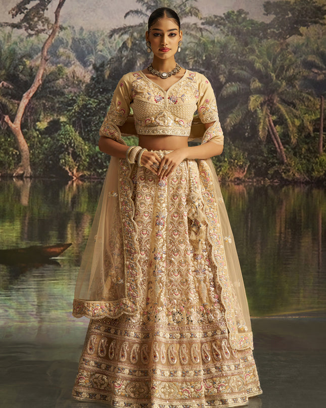 Attractive Cream Soft Embroidered Net Designer Wedding Lehenga Choli Set