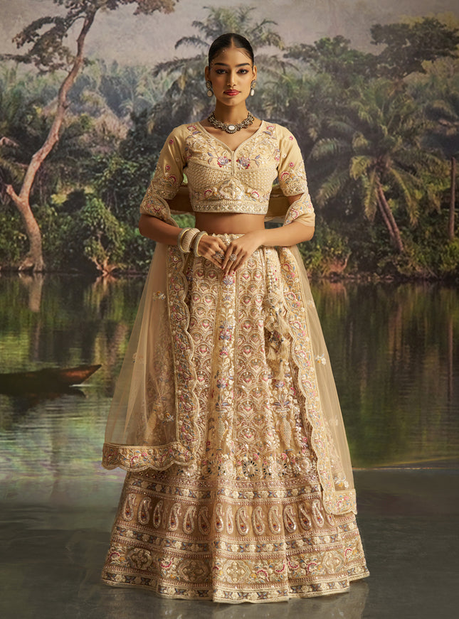 Attractive Cream Soft Embroidered Net Designer Wedding Lehenga Choli Set